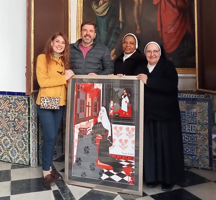 La pintora sevillana Teresa Guzmán entrega su cuadro de Santa Rita para la Exposición 'De Corazón', en la que también actuará la banda musical 'Ciudad Dos Hermanas'.