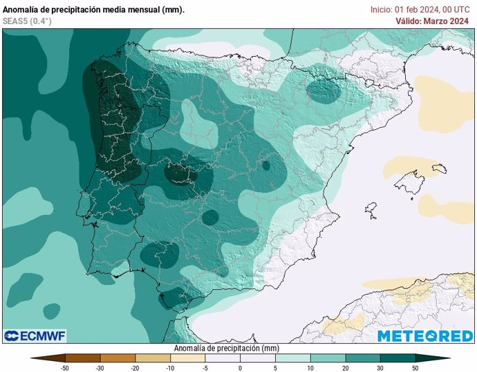 El modelo de referencia en Meteored anticipa precipitaciones más abundantes de lo normal en gran parte de la península ibérica en el mes de marzo de 2024