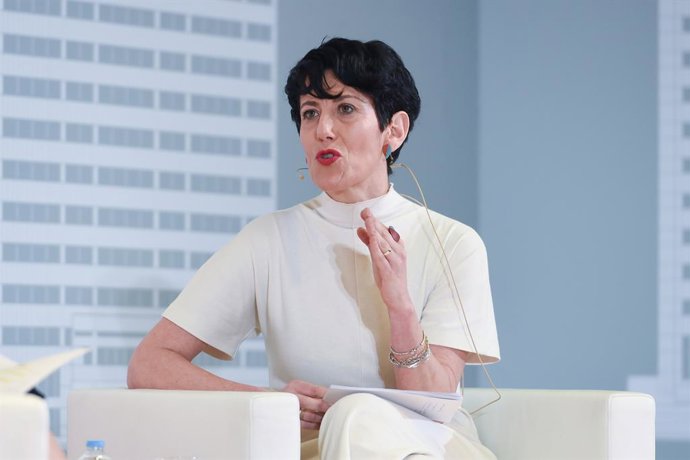 La ministra de Inclusión, Seguridad Social y Migraciones, Elma Saiz, interviene durante la jornada 'IMV: una política más viva que nunca', en el Ministerio de Economía, a 26 de febrero de 2024, en Madrid (España). Durante el acto, dedicado a la importan