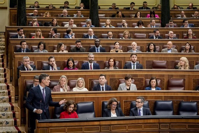 El presidente del Gobierno, Pedro Sánchez, interviene durante la sesión plenaria en el Congreso de los Diputados, a 21 de febrero de 2024, en Madrid (España).