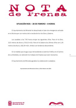 Comunicado del Ayuntamiento de Miranda en el que comunica que se ha desactivado el plan de emergencia por la crecida de los ríos