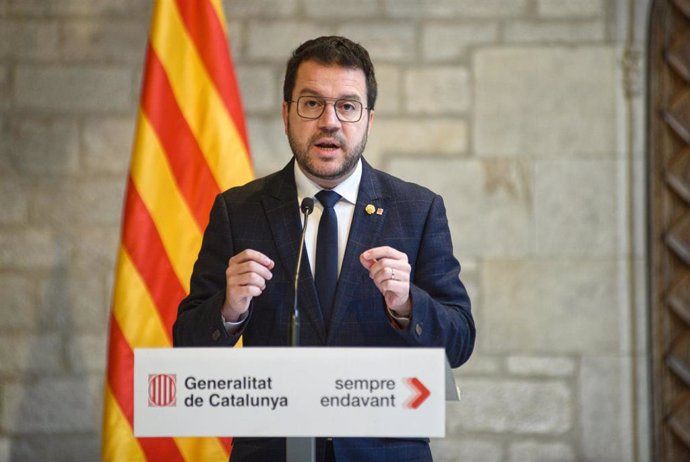 El presidente de la Generalitat, Pere Aragonès, en rueda de prensa antes de aprobar el proyecto de ley de Presupuestos de 2024