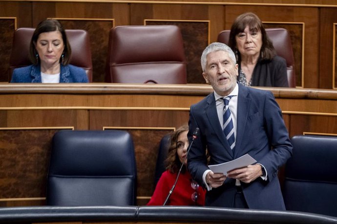 El ministro del Interior, Fernando Grande-Marlaska, interviene durante la sesión plenaria en el Congreso de los Diputados