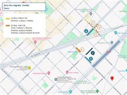 Mapa que ilustra las fases de intervención para eliminar siete paradas de autocares turísticos en la zona de Sagrada Familia de Barcelona.