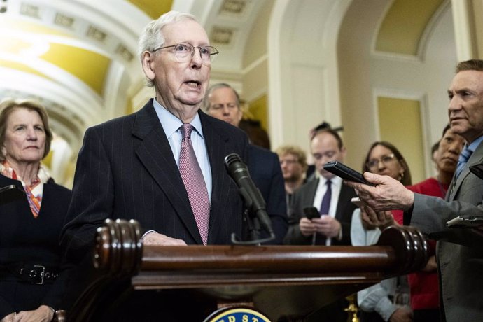 February 27, 2024, Washington, District Of Columbia, USA: Senate Minority Leader MITCH MCCONNELL (R-KY) speaking at a Senate caucus leadership press conference at the U.S. Capitol.