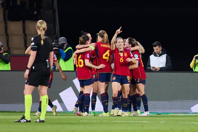 Aitana Bonmati of Spain celebrates a goal during the Final UEFA Womens Nations League match played between Spain and France at La Cartuja stadium on February 28, 2024, in Sevilla, Spain.