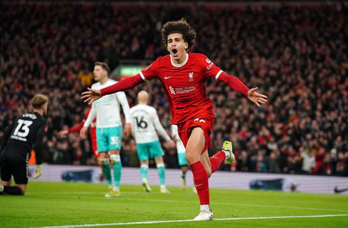 28 February 2024, United Kingdom, Liverpool: Liverpool's Jayden Danns celebrates scoring his side's second goal during the English FA Cup fifth round soccer match between Liverpool and Southampton at Anfield. Photo: Peter Byrne/PA Wire/dpa