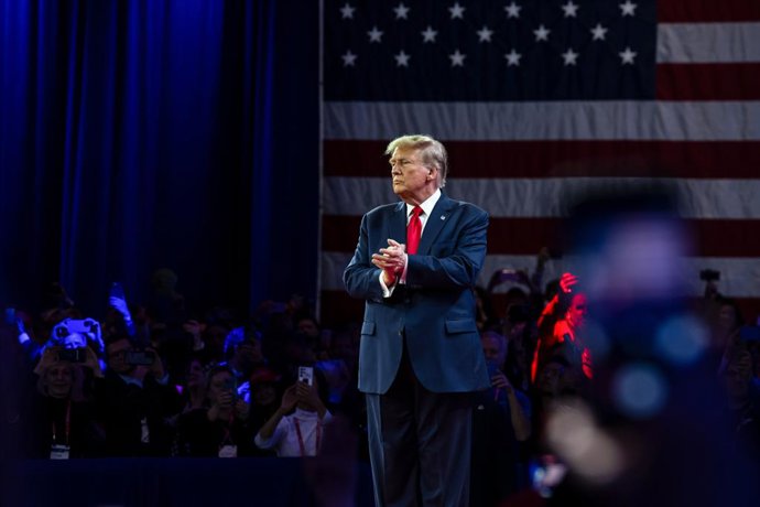 24 February 2024, US, Washington Dc: Former USPresident Donald Trump attends the Conservative Political Action Conference (CPAC) 2024 at National Harbor. Photo: Laura Brett/ZUMA Press Wire/dpa