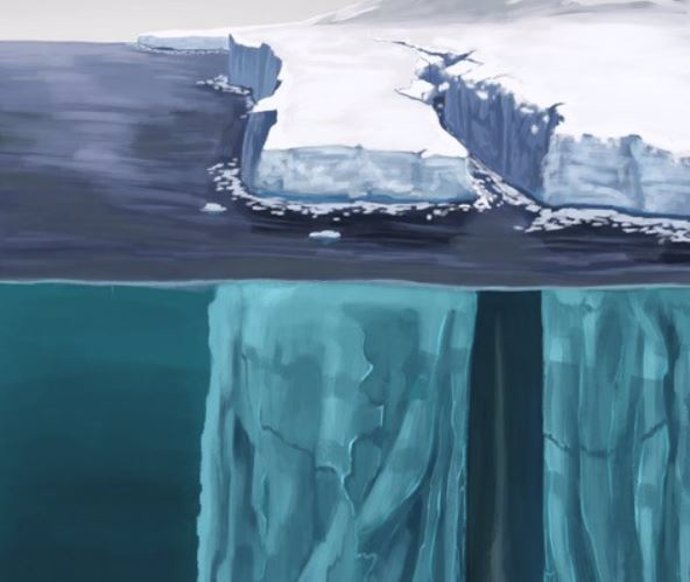En esta ilustración, el agua de mar fluye profundamente por debajo de la superficie hacia una grieta de la plataforma de hielo que se abre activamente en la Antártida. Una nueva investigación muestra que estas fisuras pueden abrirse muy rápidamente.