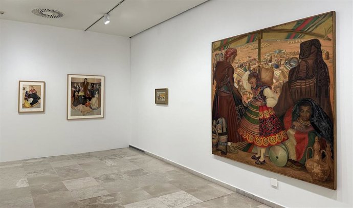 En primer plano, el cuadro 'Mercado zamorano', de Delhy Tejero, cuya obra se expone en el Museo Patio Herreriano.
