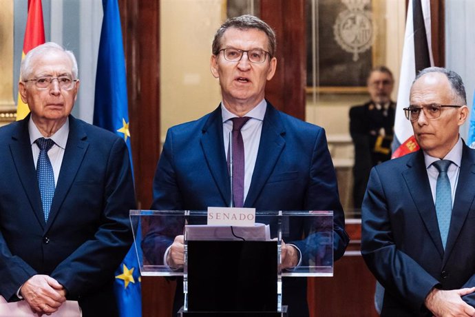 El presidente del Partido Popular, Alberto Núñez Feijóo (c), presenta una iniciativa en la Cámara Alta del Senado, a 29 de febrero de 2024, en Madrid (España). La iniciativa tiene que ver con la restitución de bonificaciones a las empresas que están err