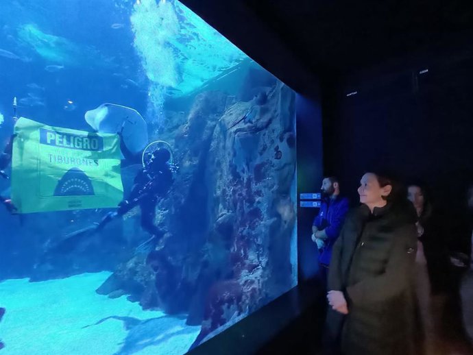 La alcaldesa de Gijón, Carmen Moriyón (Foro), durante su participación en la presentación de una exposición Tiburones, del Museo de Historia Natural de Nueva York, en el Bioparc Acuario de Gijón.