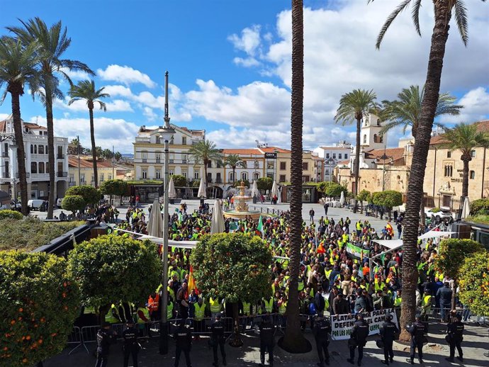 Manifestación de agricultores y ganaderos este jueves en la Plaza de España de Mérida