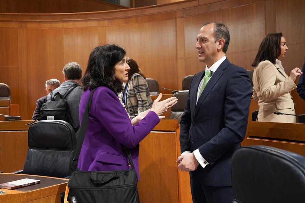 El consejero de Sanidad del Gobierno de Aragón, José Luis Bancalero, habla con la diputada de CHA Isabel Lasobras, antes de la sesión plenaria de las Cortes autonómicas.