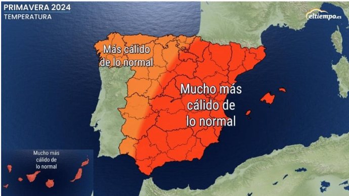 Anomalías de temperatura para primavera en España, según eltiempo.Es