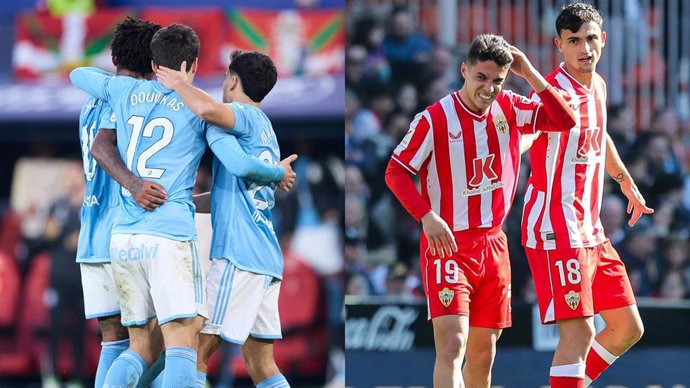 Jugadores del Celta y el Almería, en partidos de LaLiga EA Sports 2023-2024.