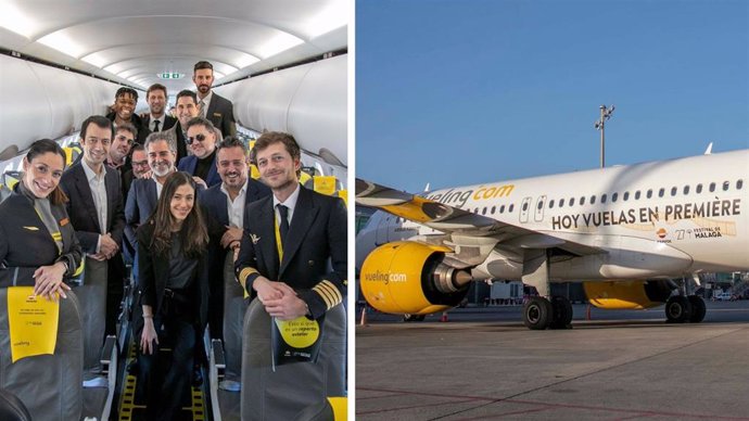 Interior del avión que ha realizado el viaje con la tripulación y el reparto del cort 'Estamada Ángela', y exterior del avión.