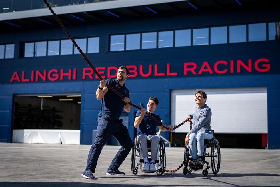 Carlos Tatay and Cisco Gave are seen during a media day in the Alinghi Red Bull Racing head quarters before a training session on February 29, 2024 in Barcelona, Spain