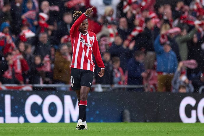 Nico Williams of Athletic Club celebrates after scoring goal during the Copa del Rey match between Athletic Club and Atletico de Madrid at San Mames on February 29, 2024, in Bilbao, Spain.