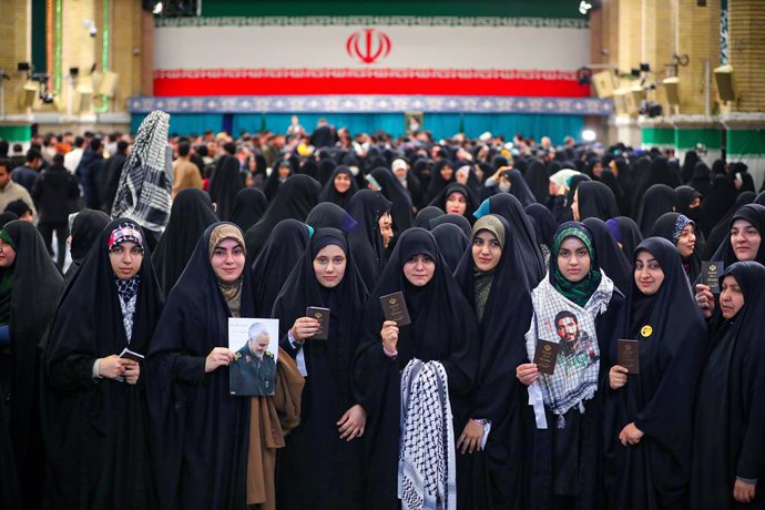 February 28, 2024, Tehran, Iran: A group of young first-time voters women during a meeting with the Iranian Supreme Leader on the eve of the 12th Parliament and 6th Assembly of Experts elections in Tehran. Khamenei urged people to vote on March 1 for parl