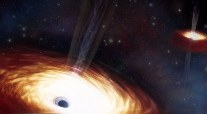 Recreación artística del par de agujeros negros supermasivos más pesado