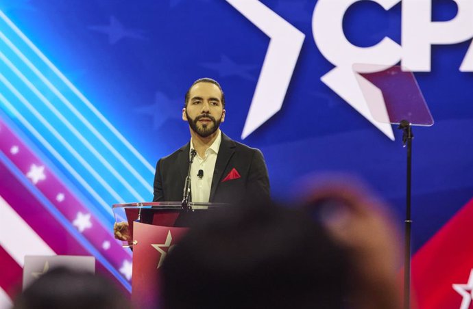 February 22, 2024, National Harbor, Maryland, United States: President of El Salvador, Nayib Bukele, speaks during the 2024 Conservative Political Action Conference.