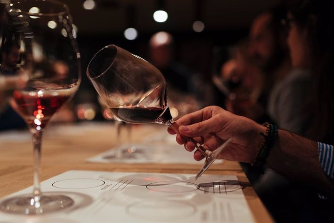 Una persona realizando una cata con vino de Rioja