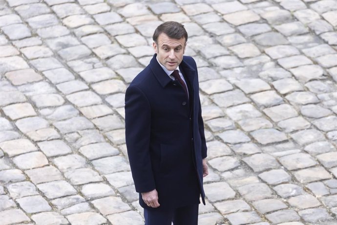 February 19, 2024, Paris, France, France: Paris, France February 19, 2024 - Prise d Armes military ceremony in the main courtyard of the Hotel des Invalides. To mark the occasion, the President of the French Republic presented decorations to twelve servic