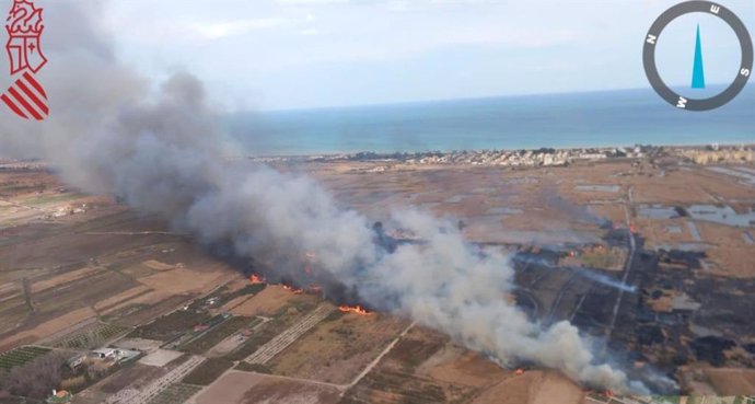 Un incendio quema la marjal de Almardà, en Sagunt (Valencia)