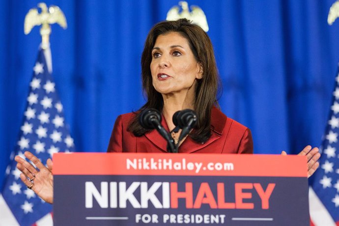 February 24, 2024, Charleston, South Carolina, USA: Republican presidential candidate and former U.N. ambassador NIKKI HALEY delivers her South Carolina primary night remarks in Charleston, SC at the Charleston Place Hotel after losing to Former president