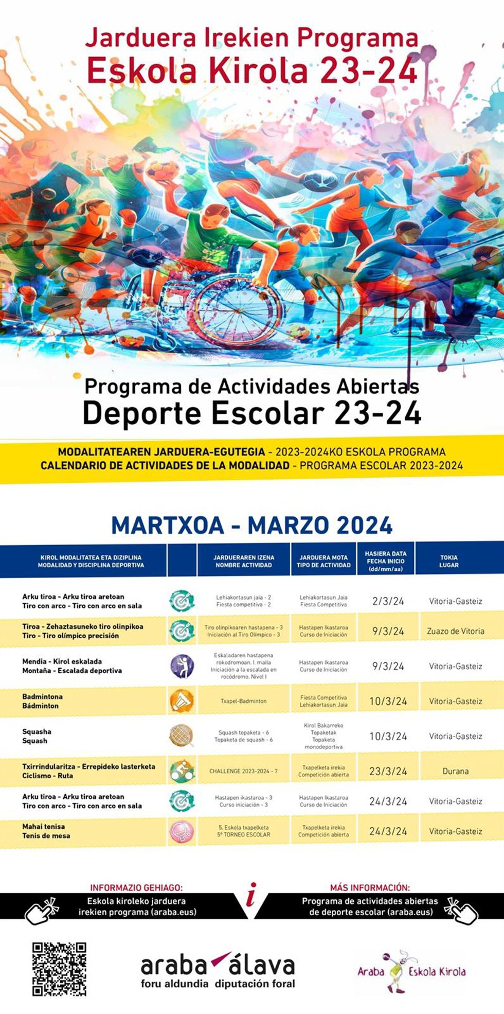 Programación de actividades de 'Deporte Escolar'