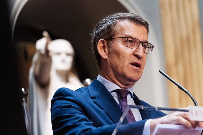 El presidente del Partido Popular, Alberto Núñez Feijóo, presenta una iniciativa en la Cámara Alta del Senado, a 29 de febrero de 2024, en Madrid (España).