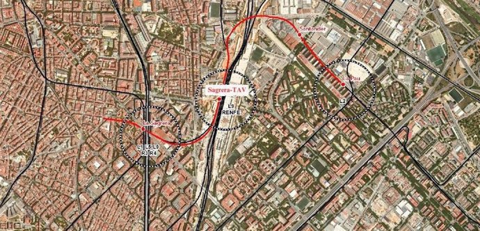 Mapa de la ampliación de la línea 4 del Metro de Barcelona entre la estación de La Pau y el intercambiador de La Sagrera.
