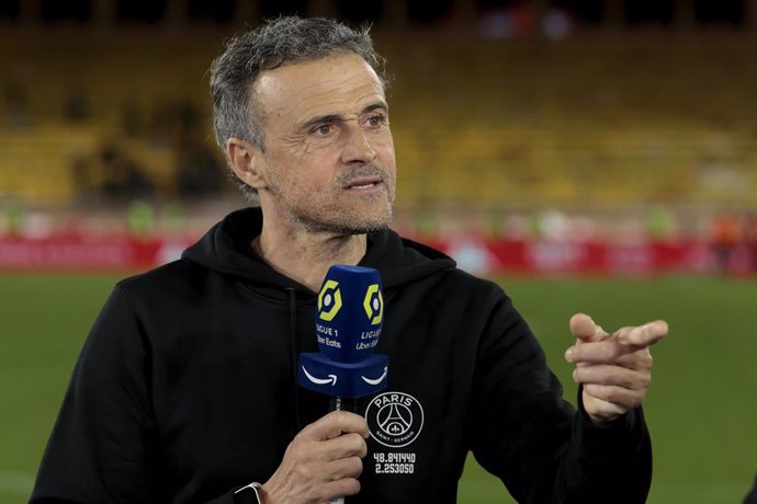 PSG coach Luis Enrique speaks to Amazon Prime Video following the French championship Ligue 1 football match between AS Monaco (ASM) and Paris Saint-Germain (PSG) on March 1, 2024 at Stade Louis II in Monaco - Photo Jean Catuffe / DPPI