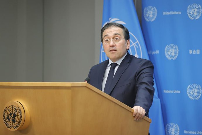 February 23, 2024, Ny, USA: United Nations, New York, USA, February 23, 2024 -  Jose Manuel Albares Bueno, Minister for Foreign Affairs, European Union and Cooperation of Spain Presser today at the United Nations Headquarters in New York City. Photo: Lu