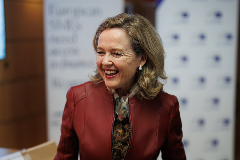 La presidenta del Banco Europeo de Inversiones (BEI), Nadia Calviño, llega a la presentación de los datos de la actividad del Grupo BEI en España en 2023, en la sede de la Comisión Europea en Madrid, a 1 de febrero de 2024, en Madrid (España).