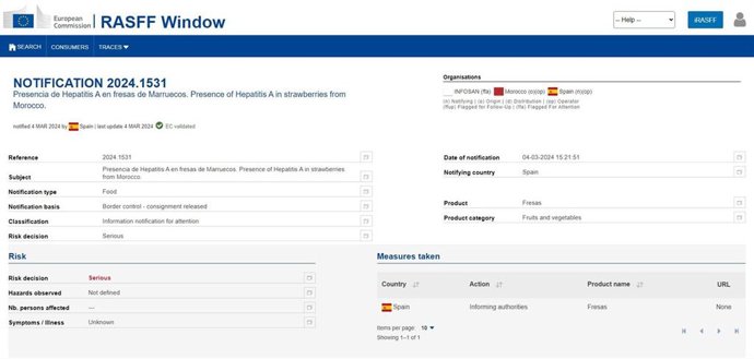 Notificación emitida este lunes en el portal comunitario RASFF (Rapid Alert System Feed and Food) que alerta de "presencia de Hepatitis A en fresas de Marruecos" detectada en un punto de entrada de España