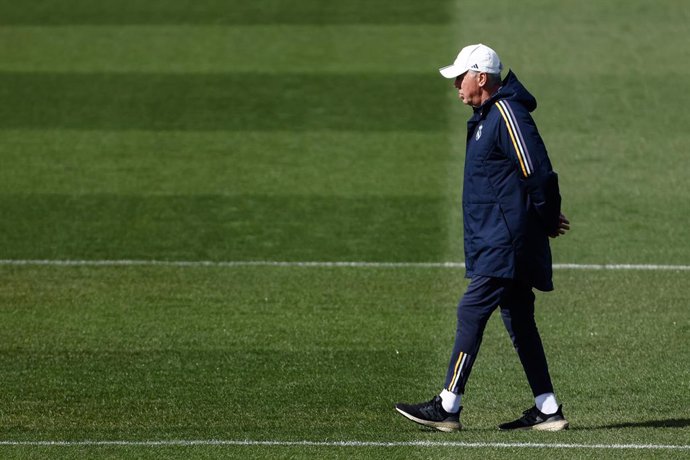 Carlo Ancelotti, head coach of Real Madrid, during the training day of Real Madrid prior the UEFA Champions League, Round of 16, football match against RB Leipzig at Ciudad Deportiva Real Madrid on March 05, 2024, in Madrid, Spain.
