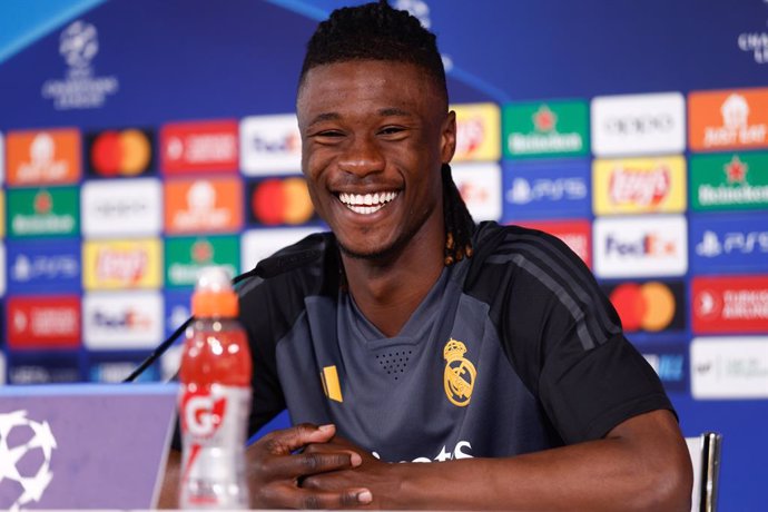 Eduardo Camavinga during the press conference of the training day of Real Madrid prior the UEFA Champions League, Round of 16, football match against RB Leipzig at Ciudad Deportiva Real Madrid on March 05, 2024, in Madrid, Spain.