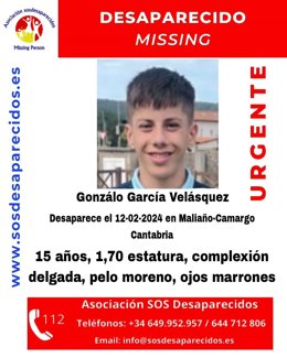 Cartel de la desaparición del menor de 15 años Gonzalo García.