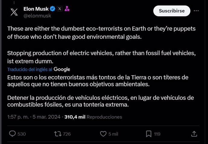 Un presunto ataque incendiario para la planta de Tesla en Alemania. El consejero delegado de Tesla, Elon Musk ha manifestado su indignación en la red social 'X' (antes Twitter). 