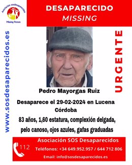 Pedro Mayorgas Ruiz, el vecino de 83 años desaparecido desde el jueves 29 de febrero en Lucena.