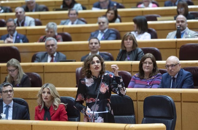 La vicepresidenta primera y ministra de Hacienda, María Jesús Montero, interviene durante una sesión de control al Gobierno, en el Senado, a 5 de marzo de 2024, en Madrid (España).