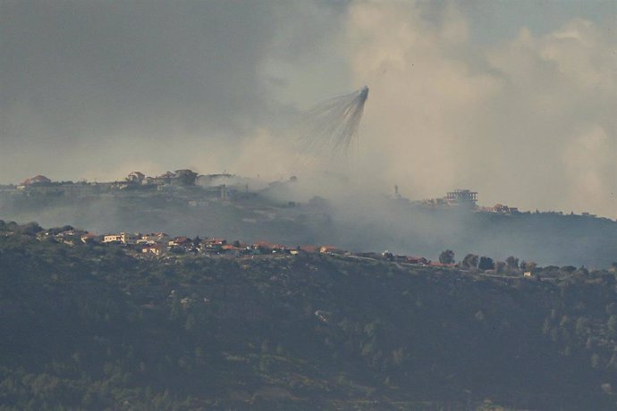 ISRAEL-LEBANON BORDER, March 4, 2024  -- Smoke rises from the Lebanese village of Markaba as a result of Israeli shelling in southern Lebanon, next to the border with Israel, on March 4, 2024. An Indian national was killed and seven others injured in nort