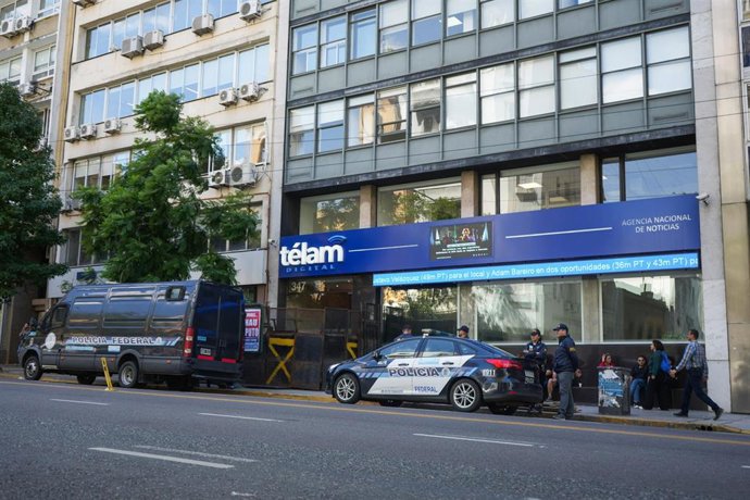 March 4, 2024, Buenos Aires, Argentina: Police block the entrance to the state-run Telam news agency during the demonstration. President Javier Milei announced the closure of the Telam news agency on March 1. Telam, Argentina News Agency, was created in