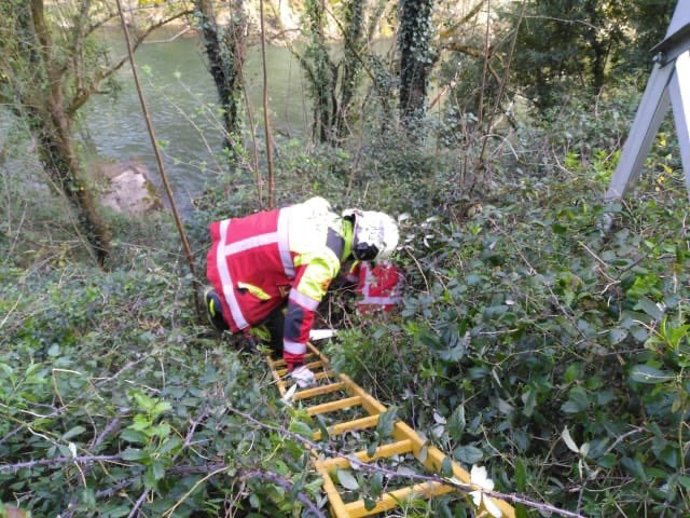 Bomberos del 112 rescatan a un perro atrapado en un zarzal en Los Corrales de Buelna