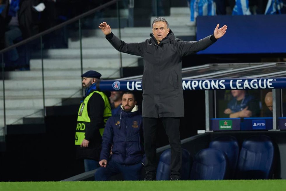Luis Enrique head coach of Paris Saint-Germain reacts during the UEFA Champions League match between Real Sociedad and Paris Saint-Germain at Reale Arena on March 5, 2024, in San Sebastian, Spain.
