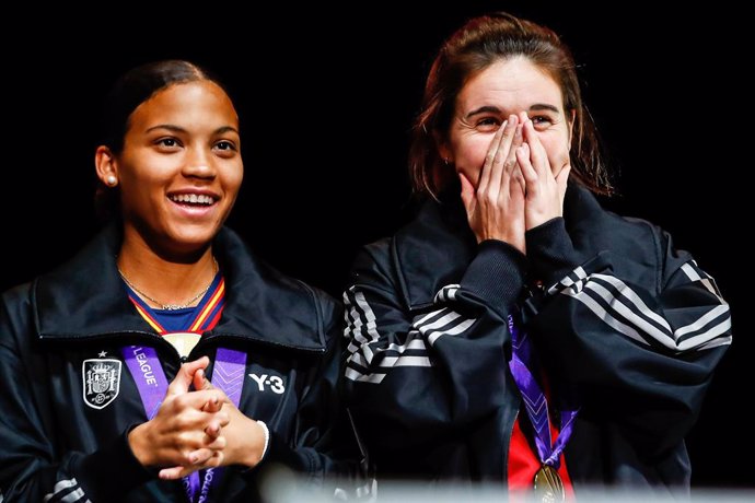 Vicky Lopez and Mariona Caldentey of Spain looks on during the celebration of the Spain Women Team after winning the UEFA Women's Nations League at Palacio Vistalegre on February 29, 2024 in Madrid, Spain.