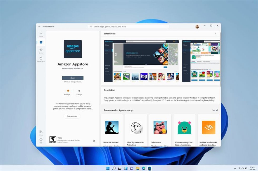 Interfaz de Windows 11 con Amazon Appstore