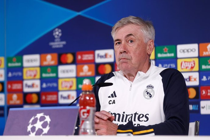 Carlo Ancelotti, head coach of Real Madrid, during the press conference of the training day of Real Madrid prior the UEFA Champions League, Round of 16, football match against RB Leipzig at Ciudad Deportiva Real Madrid on March 05, 2024, in Madrid, Spai